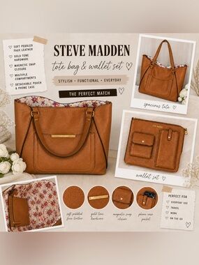 Steve Madden Cognac Tote Bag Set Large Shoulder Bag Floral Lining Pouch Wallet
